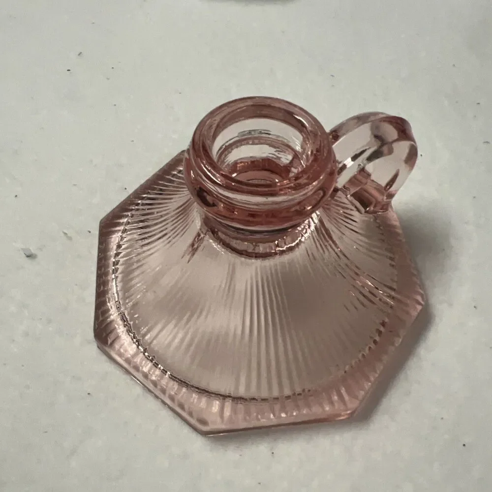 Vintage Pink Glass Candle Holder Chamberstick Ribbed Hexagon Depression